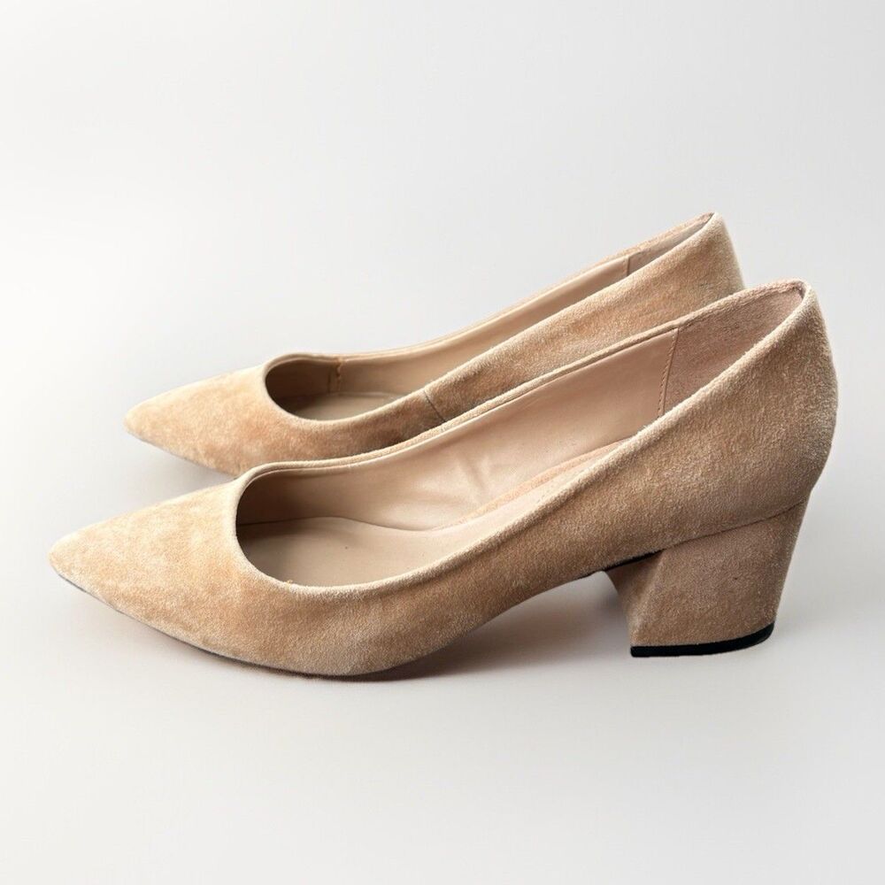 Aldo Size 7 Suede Pointed Toe Short Block Heels Pumps Shoes Camel Tan